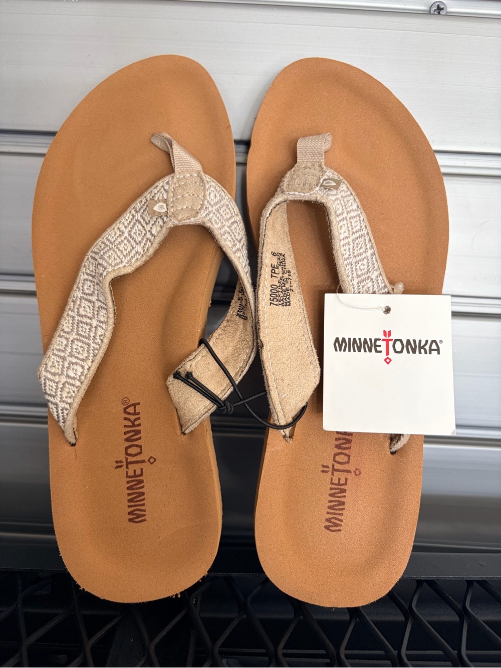 Minnetonka Women's Tan Footbed Sandal with Beige Woven Straps
